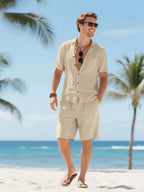 Men's Linen Lounge Set - Camp Collar Button-Down Shirt & Drawstring Shorts - Khaki