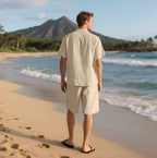 Men's Linen Lounge Set - Camp Collar Button-Down Shirt & Drawstring Shorts - Khaki