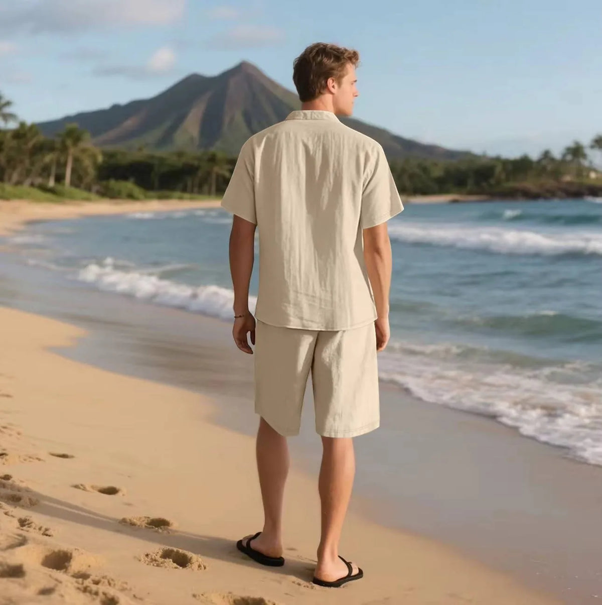 Men's Linen Lounge Set - Camp Collar Button-Down Shirt & Drawstring Shorts - Khaki