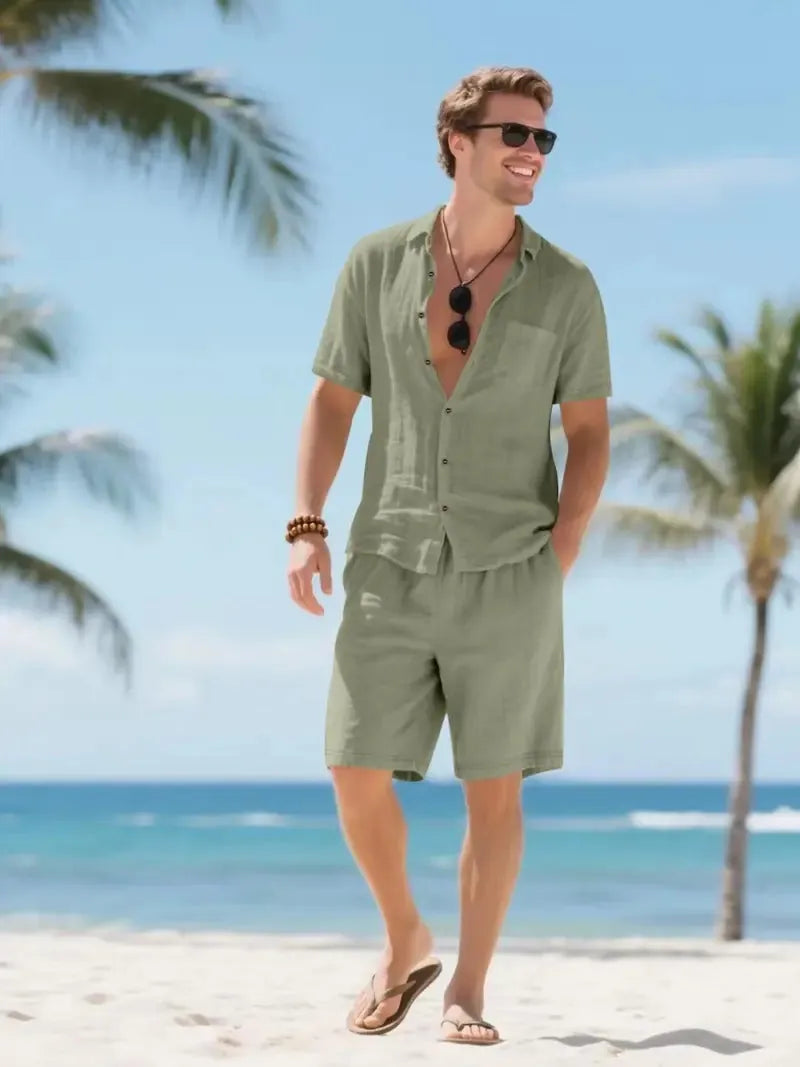 Men's Linen Lounge Set - Camp Collar Button-Down Shirt & Drawstring Shorts - Olive