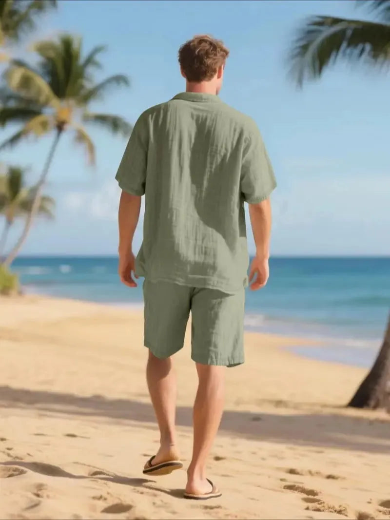 Men's Linen Lounge Set - Camp Collar Button-Down Shirt & Drawstring Shorts - Olive
