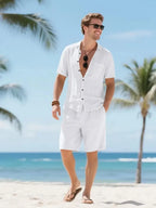 Men's Linen Lounge Set - Camp Collar Button-Down Shirt & Drawstring Shorts - White