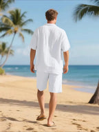 Men's Linen Lounge Set - Camp Collar Button-Down Shirt & Drawstring Shorts - White