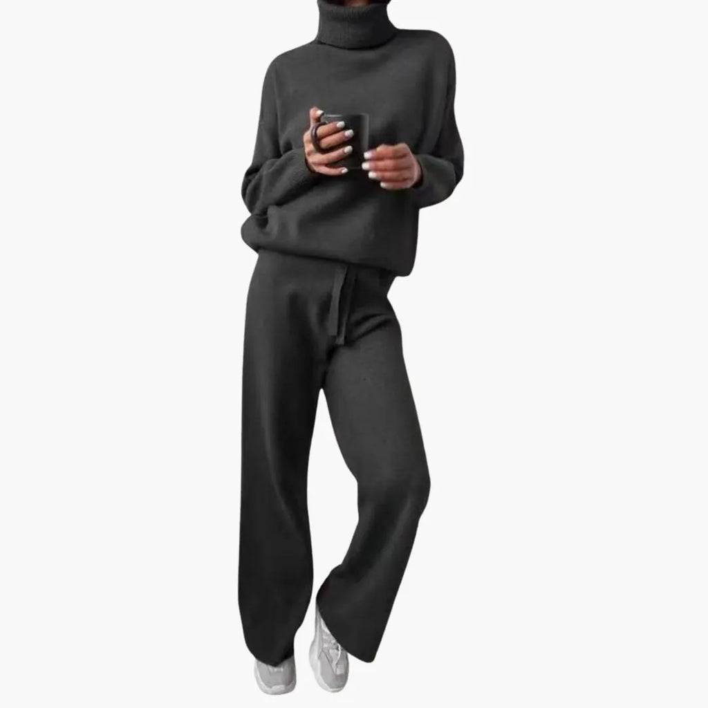 Women's Turtleneck Knit Lounge Set - Sweater & Wide-Leg Pants - Black