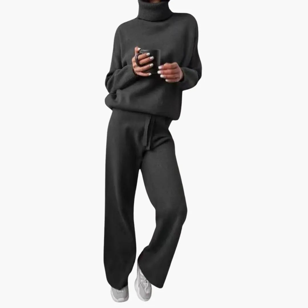 Women's Turtleneck Knit Lounge Set - Sweater & Wide-Leg Pants - Black