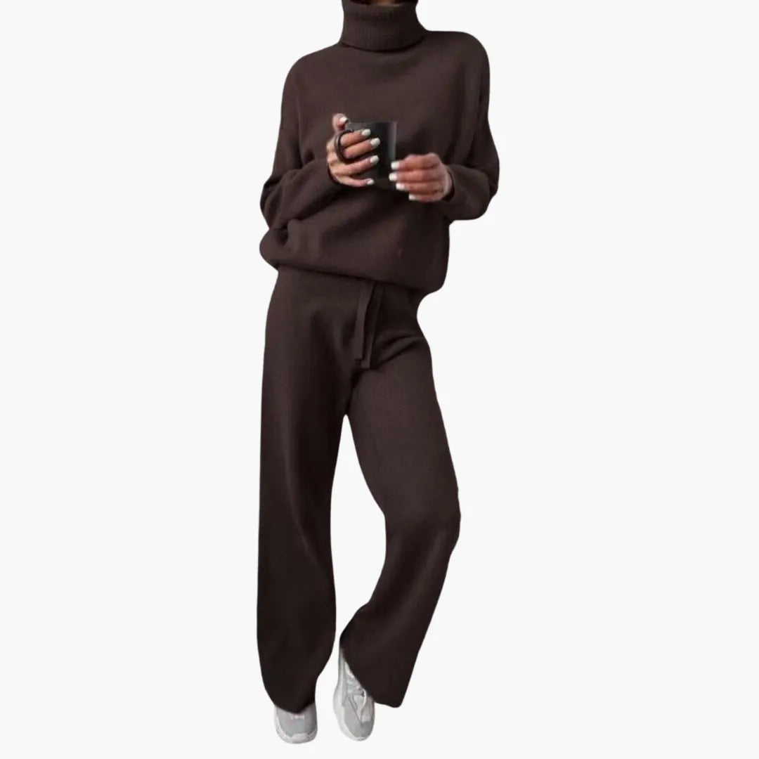 Women's Turtleneck Knit Lounge Set - Sweater & Wide-Leg Pants - Chocolate