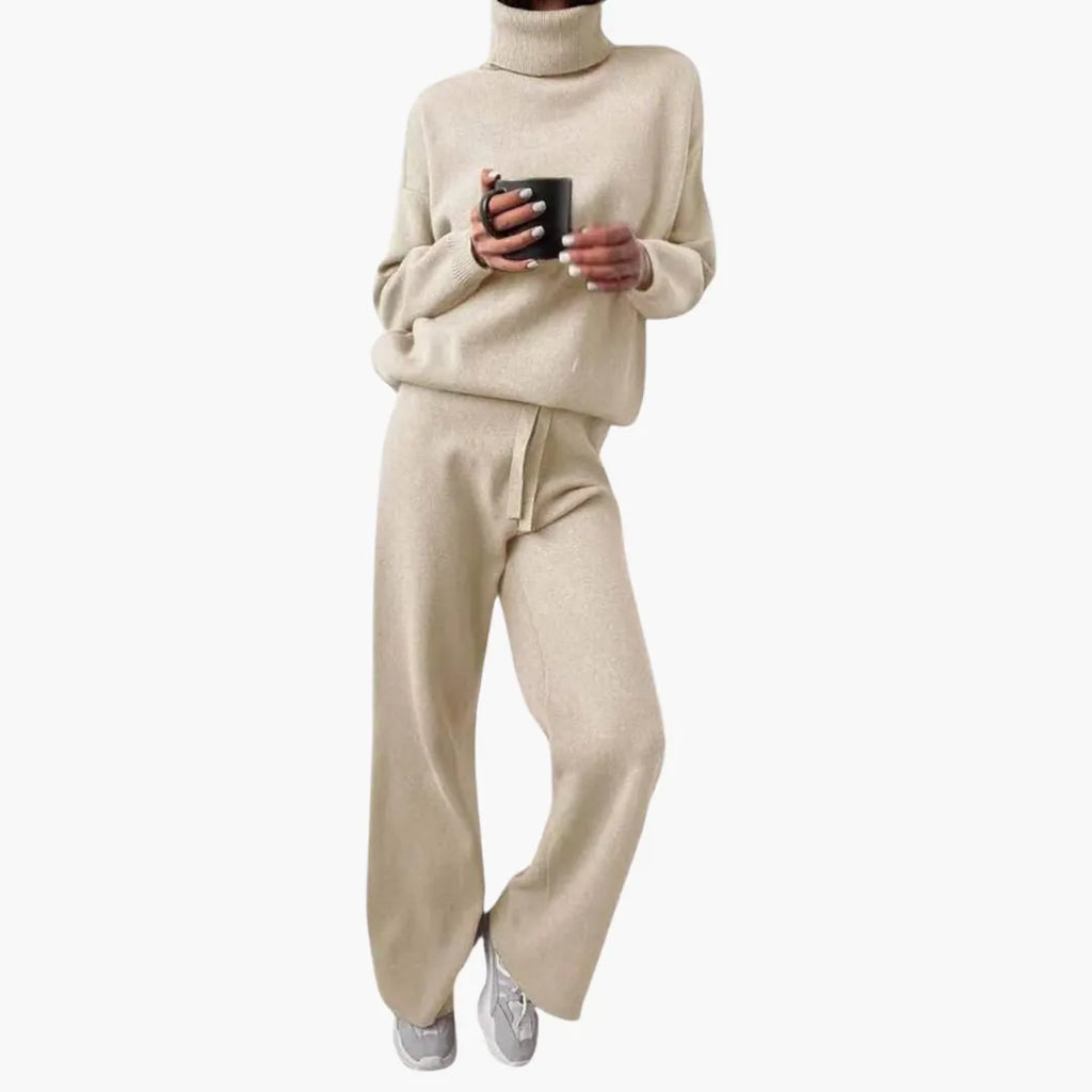 Women's Turtleneck Knit Lounge Set - Sweater & Wide-Leg Pants - Cream