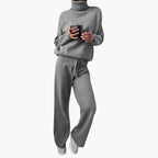 Women's Turtleneck Knit Lounge Set - Sweater & Wide-Leg Pants - Gray