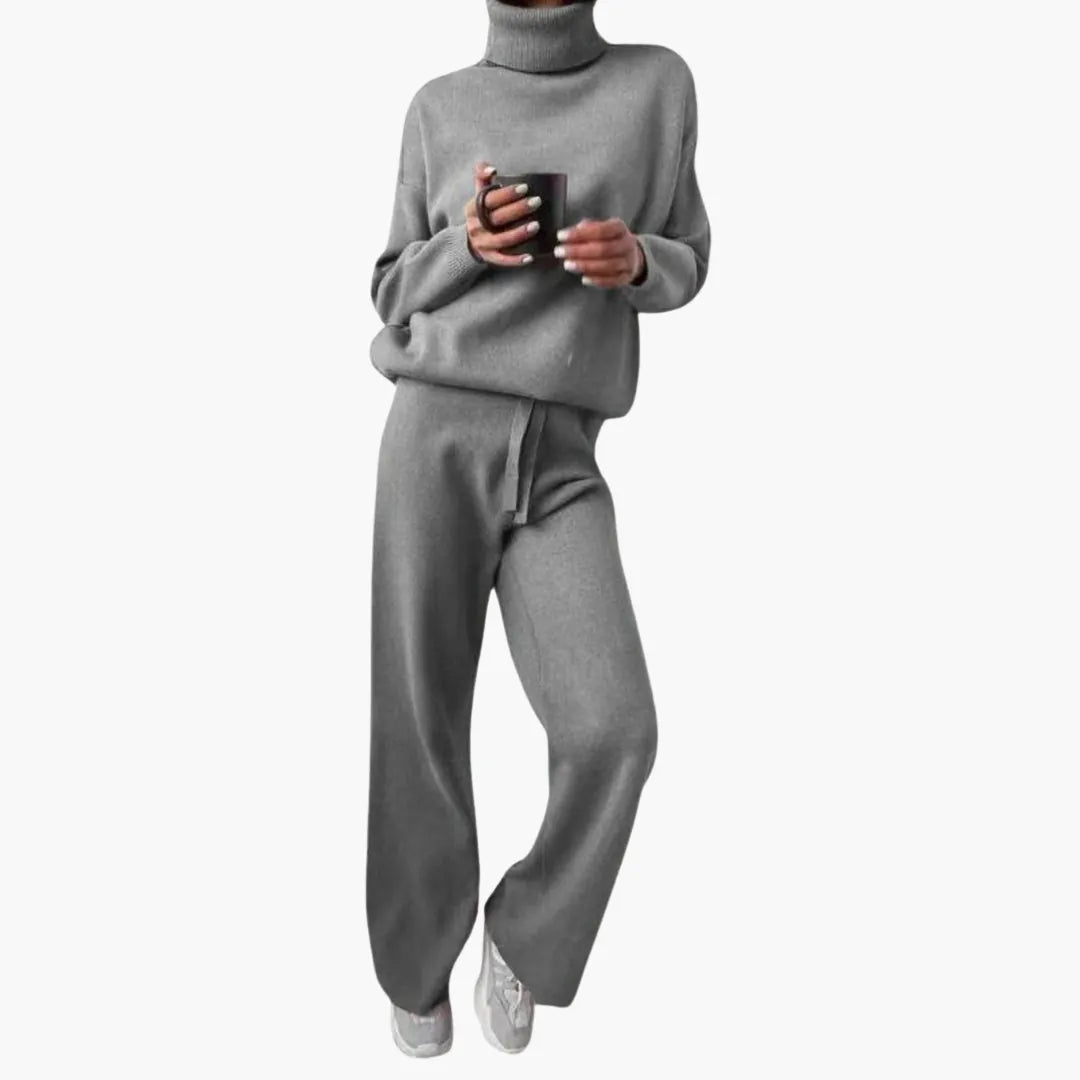 Women's Turtleneck Knit Lounge Set - Sweater & Wide-Leg Pants - Gray