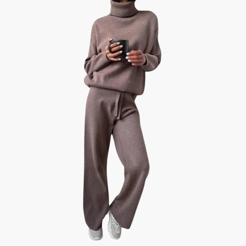 Women's Turtleneck Knit Lounge Set - Sweater & Wide-Leg Pants - Mauve