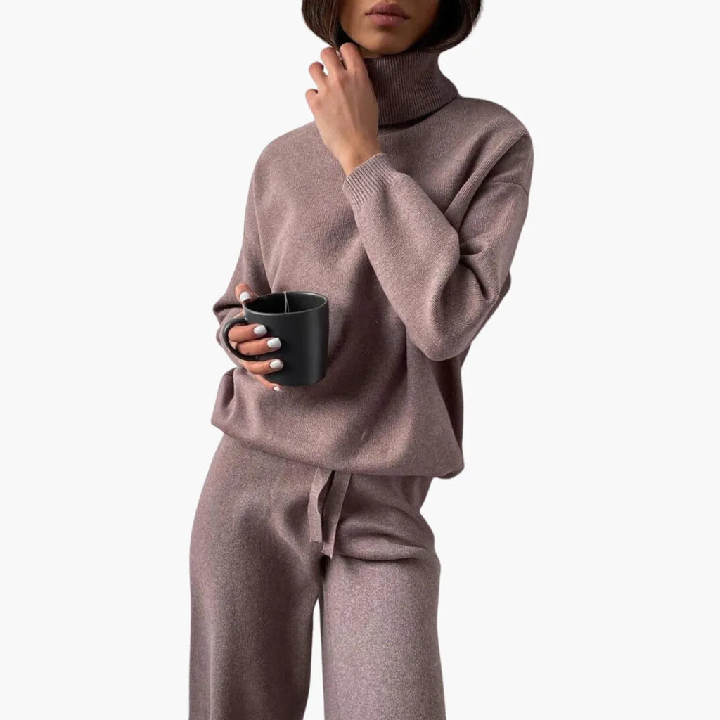 Women's Turtleneck Knit Lounge Set - Sweater & Wide-Leg Pants - Mauve
