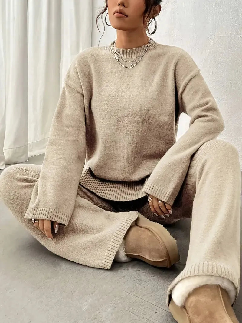 Women's Crewneck Knit Lounge Set - Side-Slit Sweater & Wide-Leg Pants - Beige