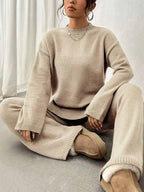 Women's Crewneck Knit Lounge Set - Side-Slit Sweater & Wide-Leg Pants - Beige