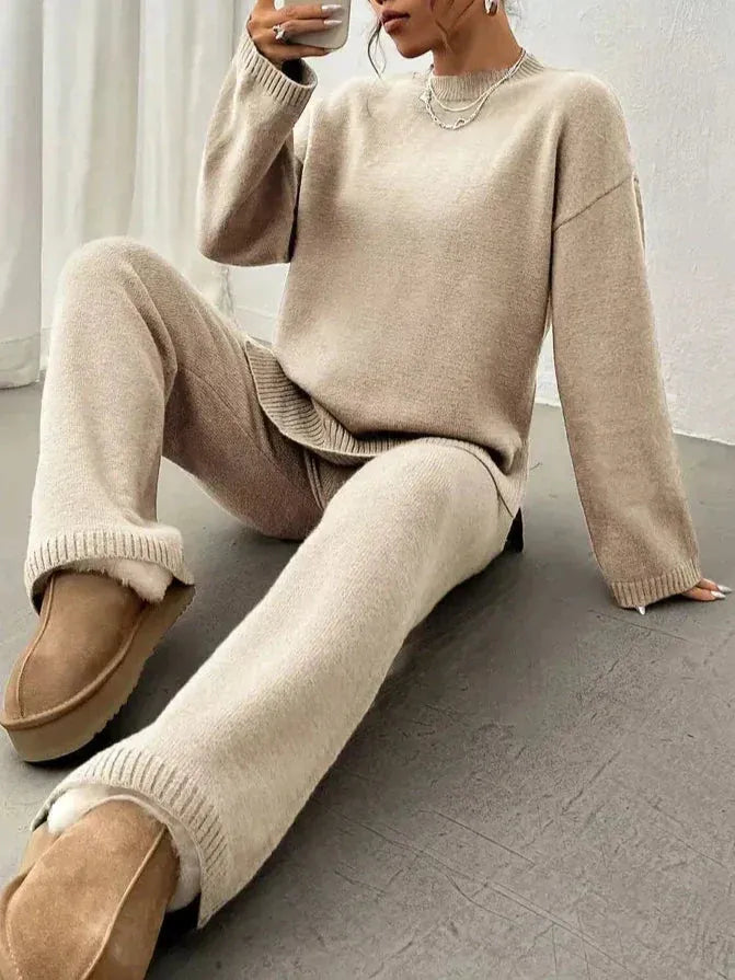 Women's Crewneck Knit Lounge Set - Side-Slit Sweater & Wide-Leg Pants - Beige
