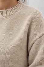 Women's Crewneck Knit Lounge Set - Side-Slit Sweater & Wide-Leg Pants - Beige