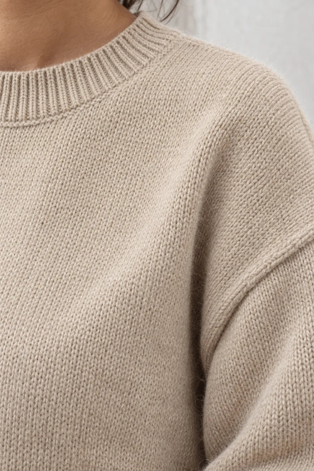 Women's Crewneck Knit Lounge Set - Side-Slit Sweater & Wide-Leg Pants - Beige