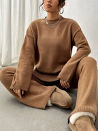 Women's Crewneck Knit Lounge Set - Side-Slit Sweater & Wide-Leg Pants - Camel