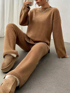Women's Crewneck Knit Lounge Set - Side-Slit Sweater & Wide-Leg Pants - Camel