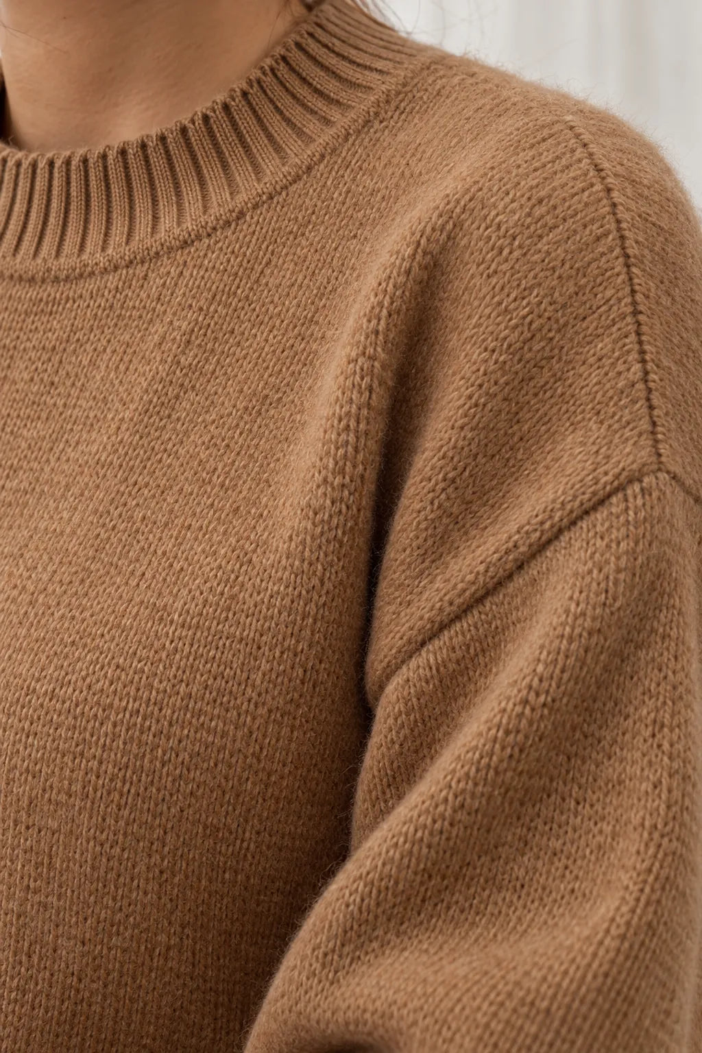 Women's Crewneck Knit Lounge Set - Side-Slit Sweater & Wide-Leg Pants - Camel
