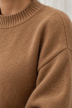 Women's Crewneck Knit Lounge Set - Side-Slit Sweater & Wide-Leg Pants - Camel