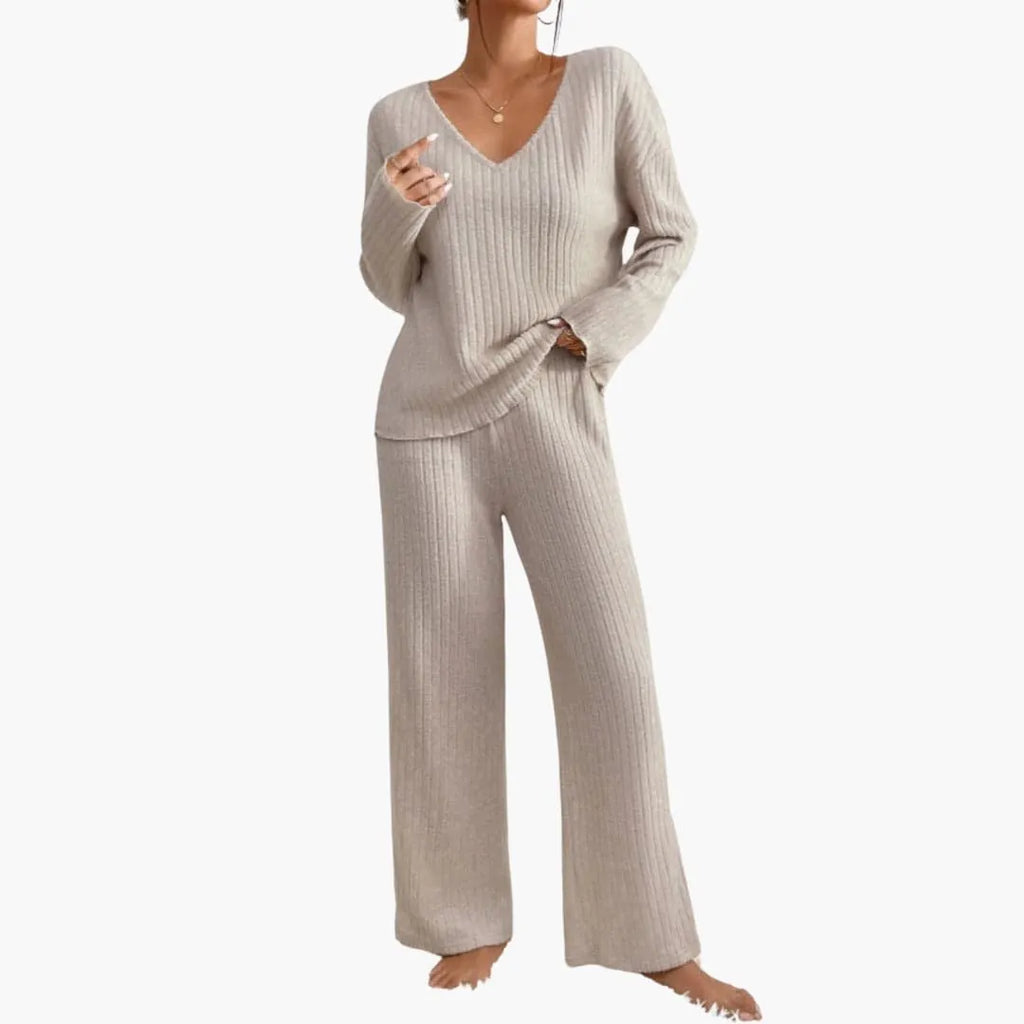 Women's Ribbed Knit Lounge Set - V-Neck Sweater & Wide-Leg Pants - Beige