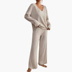 Women's Ribbed Knit Lounge Set - V-Neck Sweater & Wide-Leg Pants - Beige