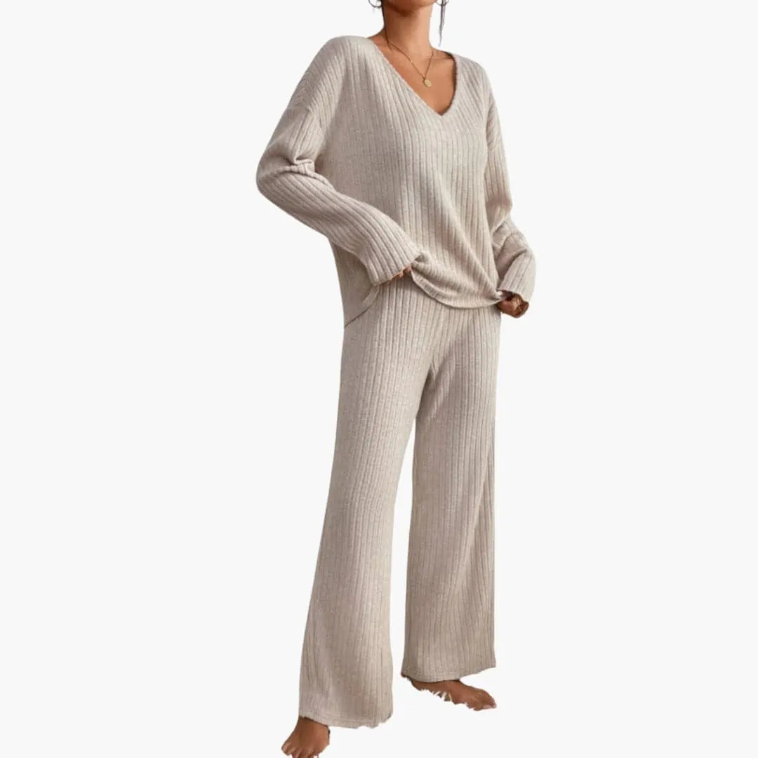 Women's Ribbed Knit Lounge Set - V-Neck Sweater & Wide-Leg Pants - Beige