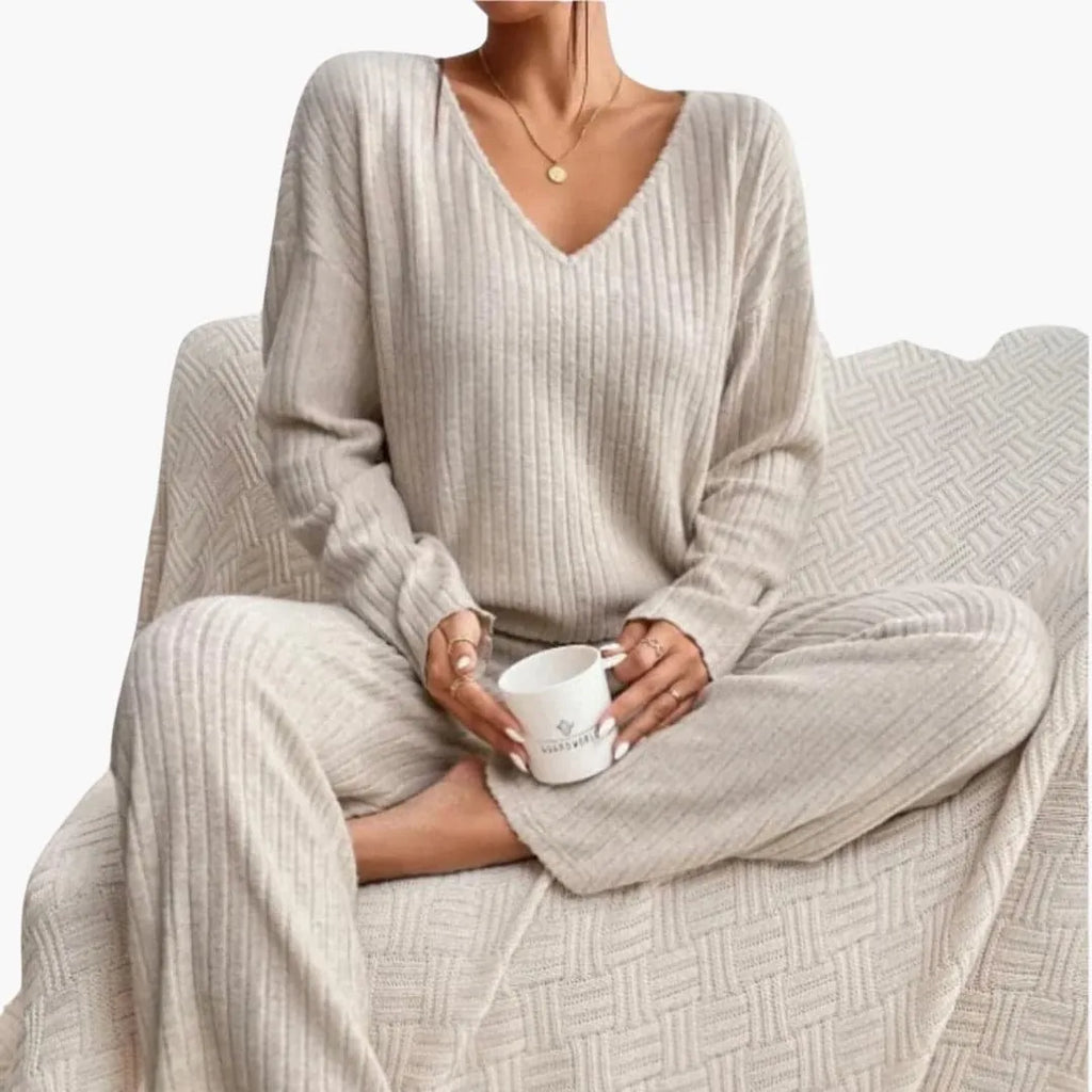 Women's Ribbed Knit Lounge Set - V-Neck Sweater & Wide-Leg Pants - Beige
