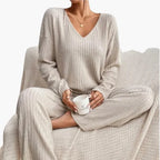 Women's Ribbed Knit Lounge Set - V-Neck Sweater & Wide-Leg Pants - Beige