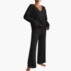 Women's Ribbed Knit Lounge Set - V-Neck Sweater & Wide-Leg Pants - Black