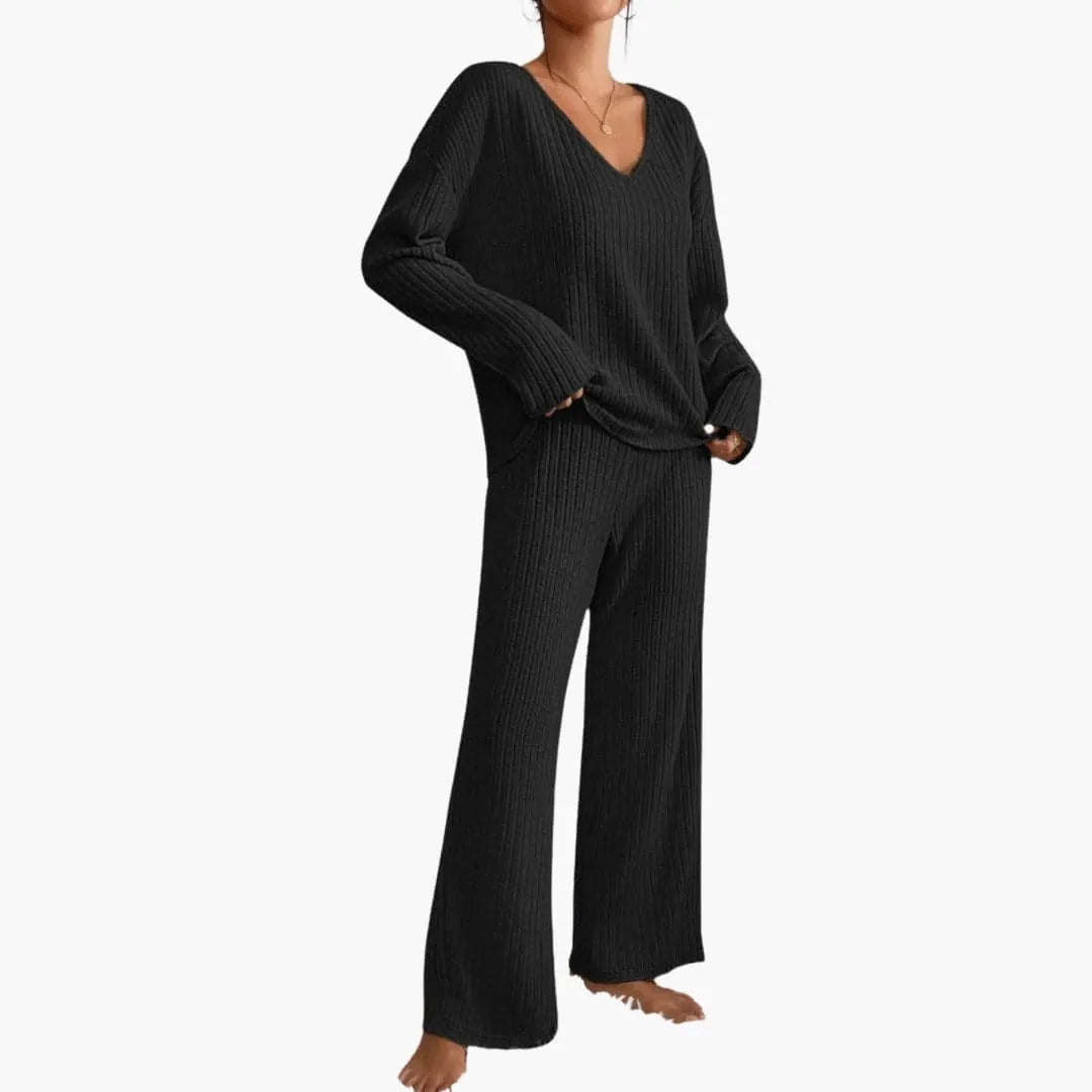 Women's Ribbed Knit Lounge Set - V-Neck Sweater & Wide-Leg Pants - Black