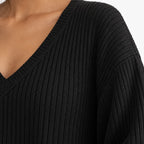 Women's Ribbed Knit Lounge Set - V-Neck Sweater & Wide-Leg Pants - Black