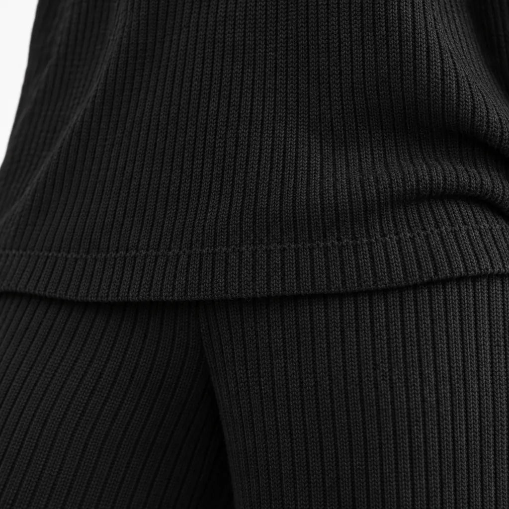 Women's Ribbed Knit Lounge Set - V-Neck Sweater & Wide-Leg Pants - Black