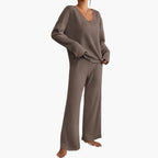 Women's Ribbed Knit Lounge Set - V-Neck Sweater & Wide-Leg Pants - Brown