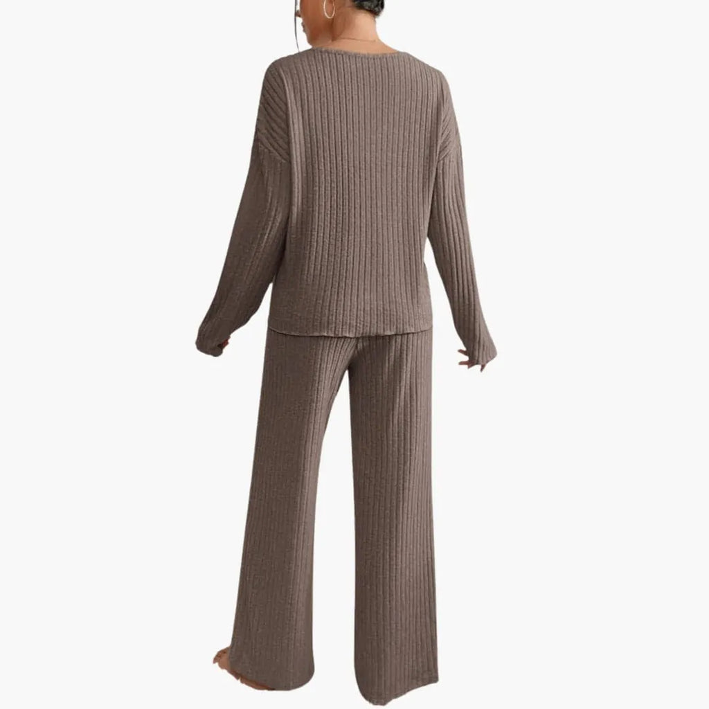 Women's Ribbed Knit Lounge Set - V-Neck Sweater & Wide-Leg Pants - Brown