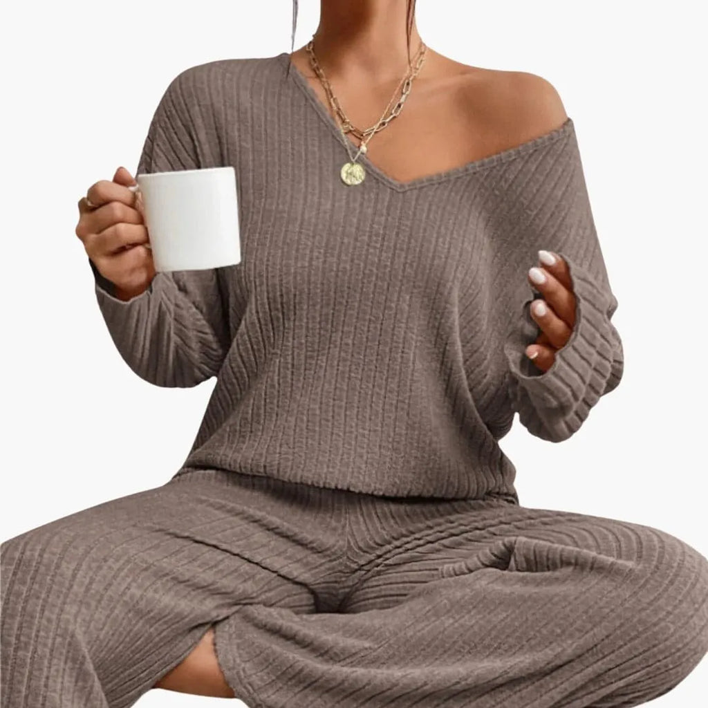Women's Ribbed Knit Lounge Set - V-Neck Sweater & Wide-Leg Pants - Brown