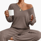 Women's Ribbed Knit Lounge Set - V-Neck Sweater & Wide-Leg Pants - Brown