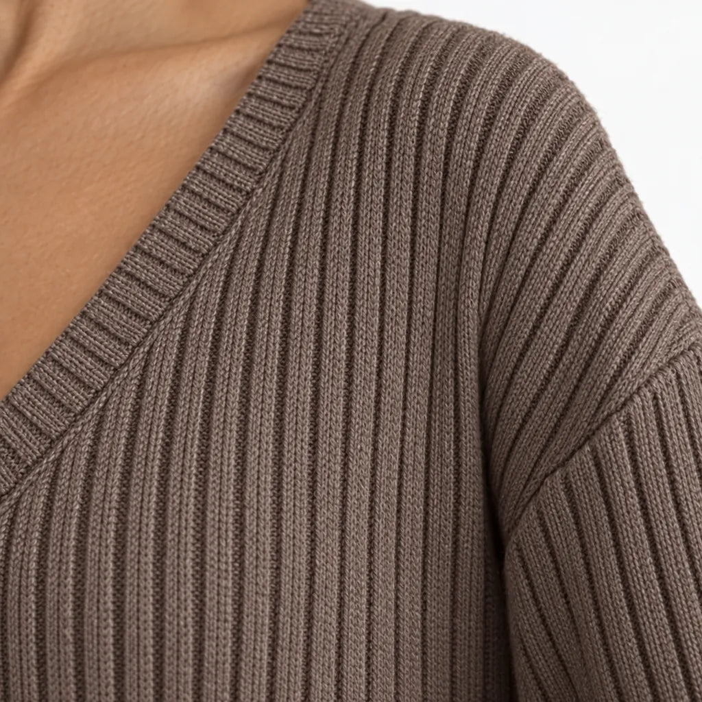 Women's Ribbed Knit Lounge Set - V-Neck Sweater & Wide-Leg Pants - Brown