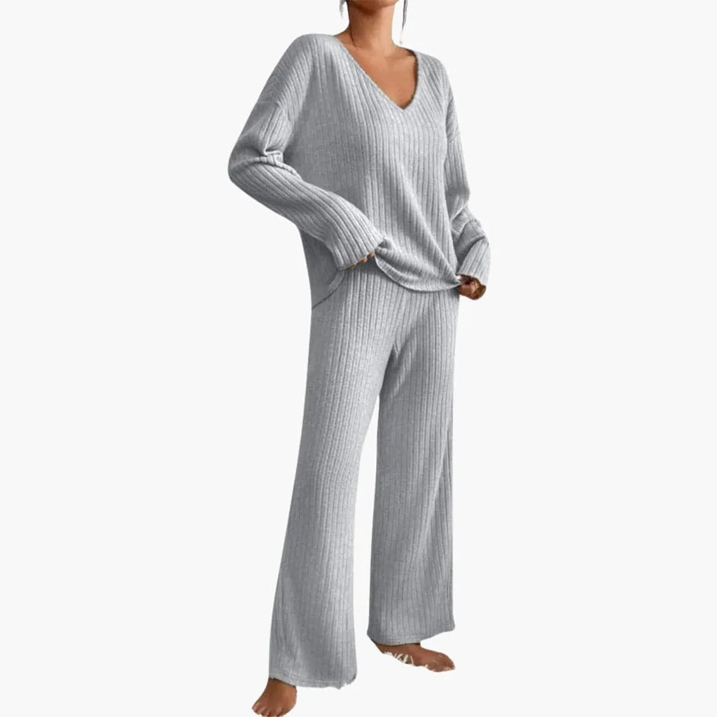 Women's Ribbed Knit Lounge Set - V-Neck Sweater & Wide-Leg Pants - Light Gray