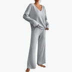 Women's Ribbed Knit Lounge Set - V-Neck Sweater & Wide-Leg Pants - Light Gray