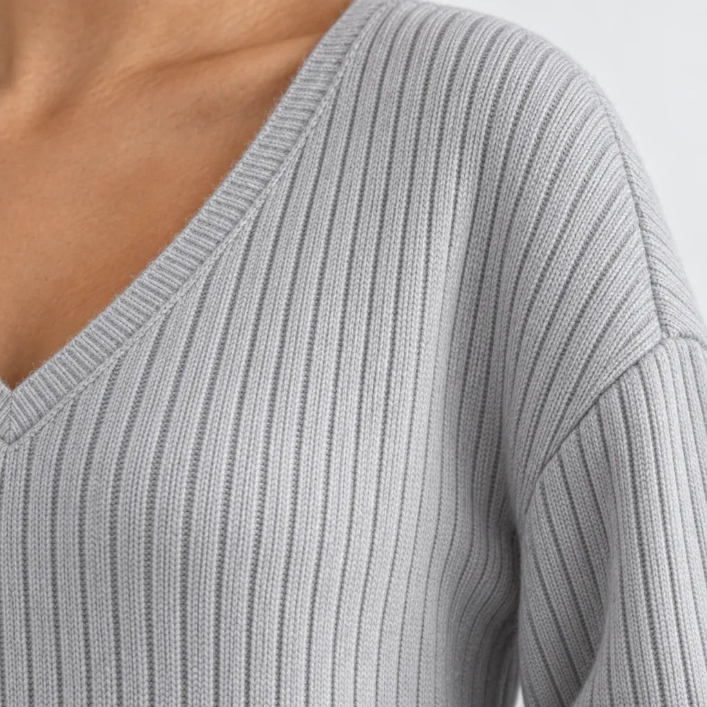 Women's Ribbed Knit Lounge Set - V-Neck Sweater & Wide-Leg Pants - Light Gray