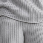 Women's Ribbed Knit Lounge Set - V-Neck Sweater & Wide-Leg Pants - Light Gray