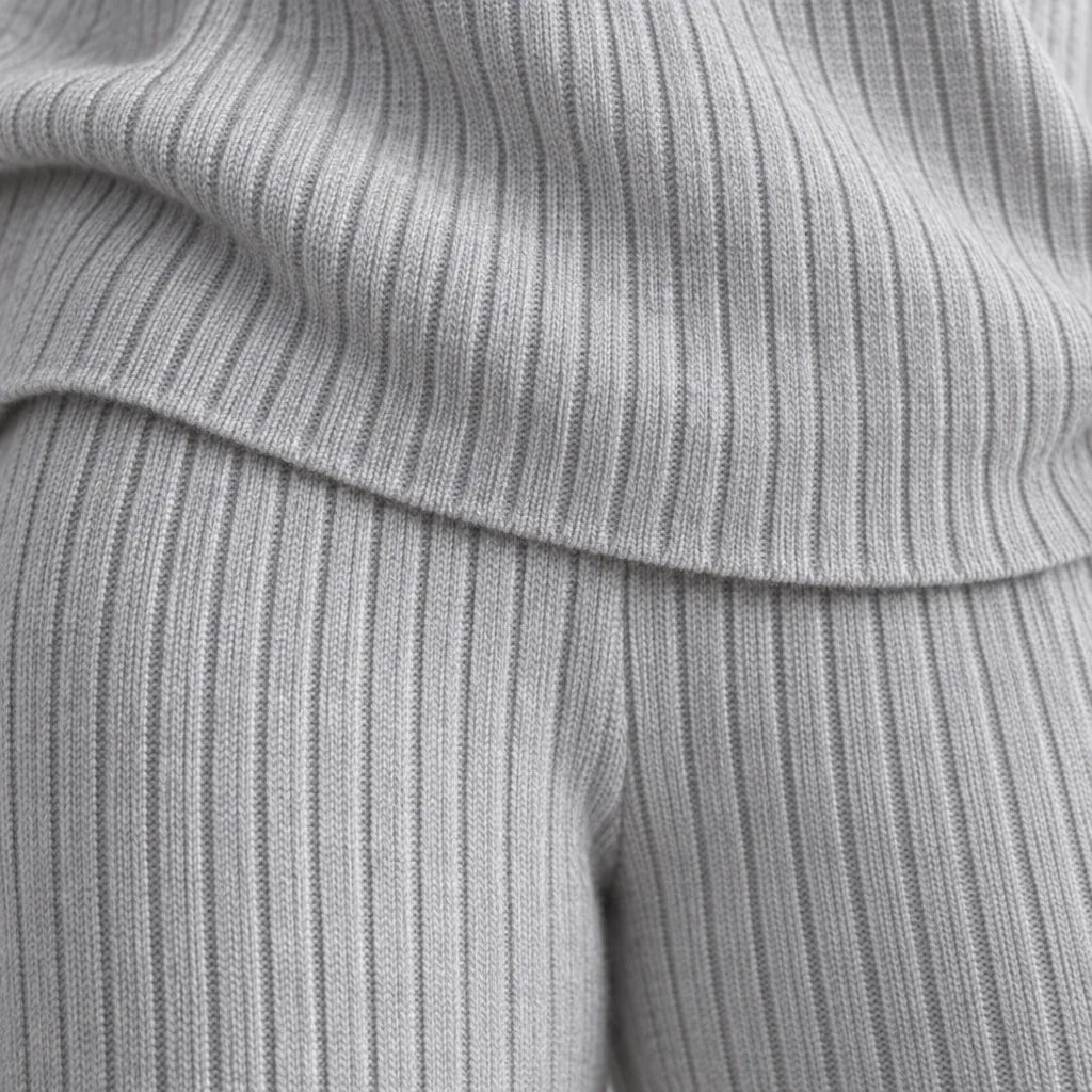 Women's Ribbed Knit Lounge Set - V-Neck Sweater & Wide-Leg Pants - Light Gray