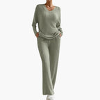 Women's Ribbed Knit Lounge Set - V-Neck Sweater & Wide-Leg Pants - Sage Green
