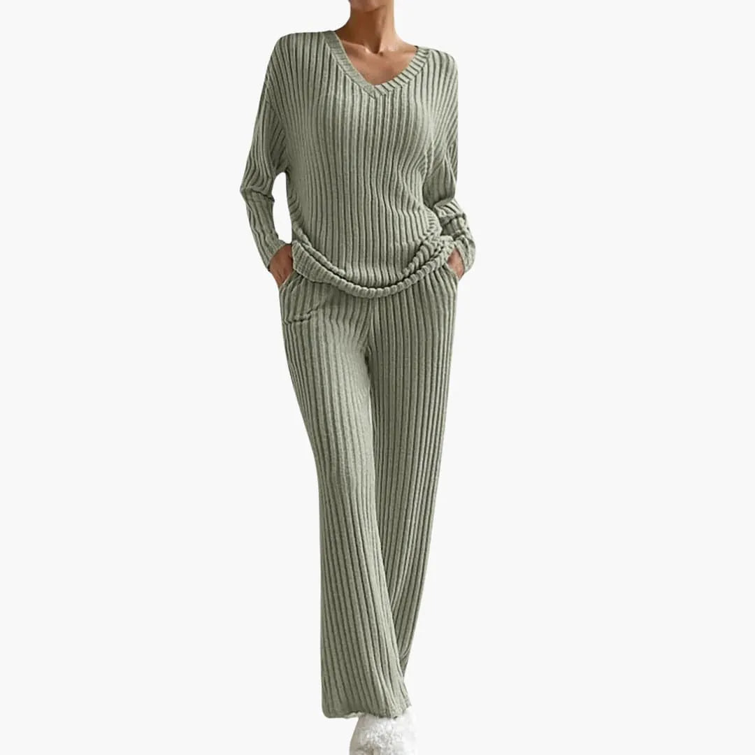 Women's Ribbed Knit Lounge Set - V-Neck Sweater & Wide-Leg Pants - Sage Green
