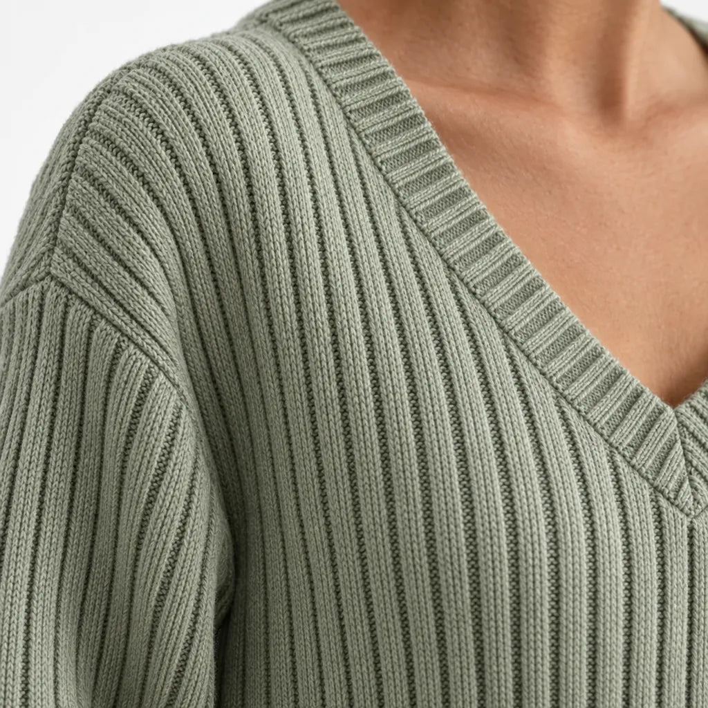 Women's Ribbed Knit Lounge Set - V-Neck Sweater & Wide-Leg Pants - Sage Green