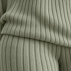 Women's Ribbed Knit Lounge Set - V-Neck Sweater & Wide-Leg Pants - Sage Green