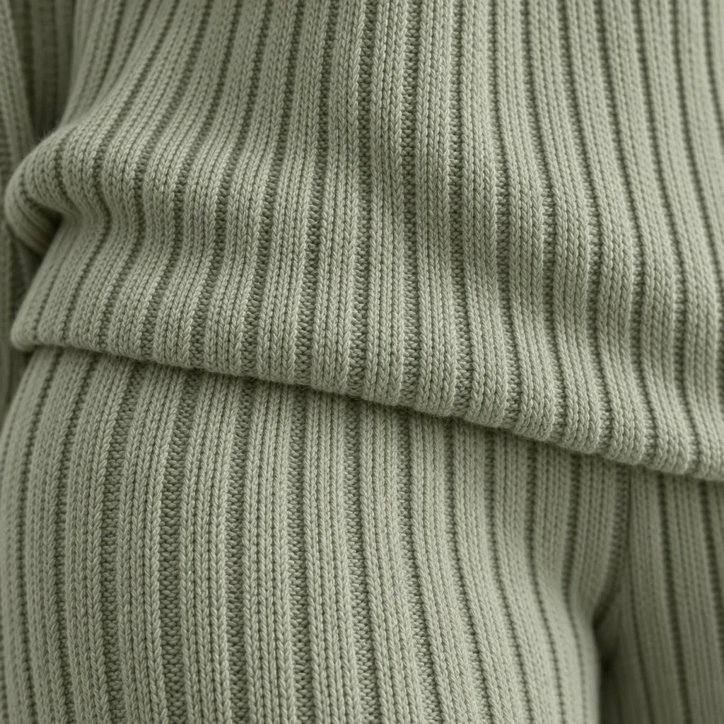 Women's Ribbed Knit Lounge Set - V-Neck Sweater & Wide-Leg Pants - Sage Green