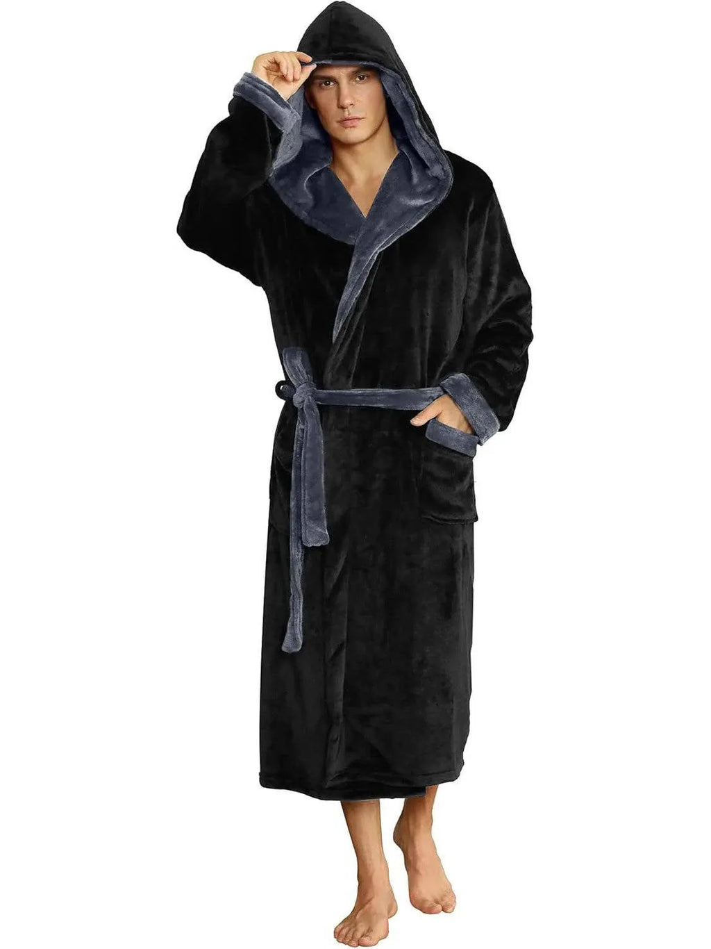 Men's Hooded Fleece Robe - Plush Bathrobe with Belt and Pockets - Black