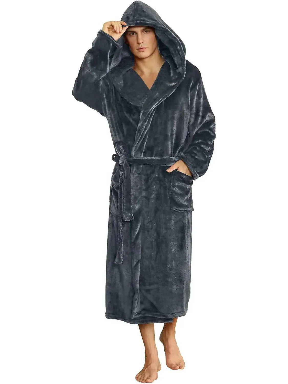 Men's Hooded Fleece Robe - Plush Bathrobe with Belt and Pockets - Charcoal